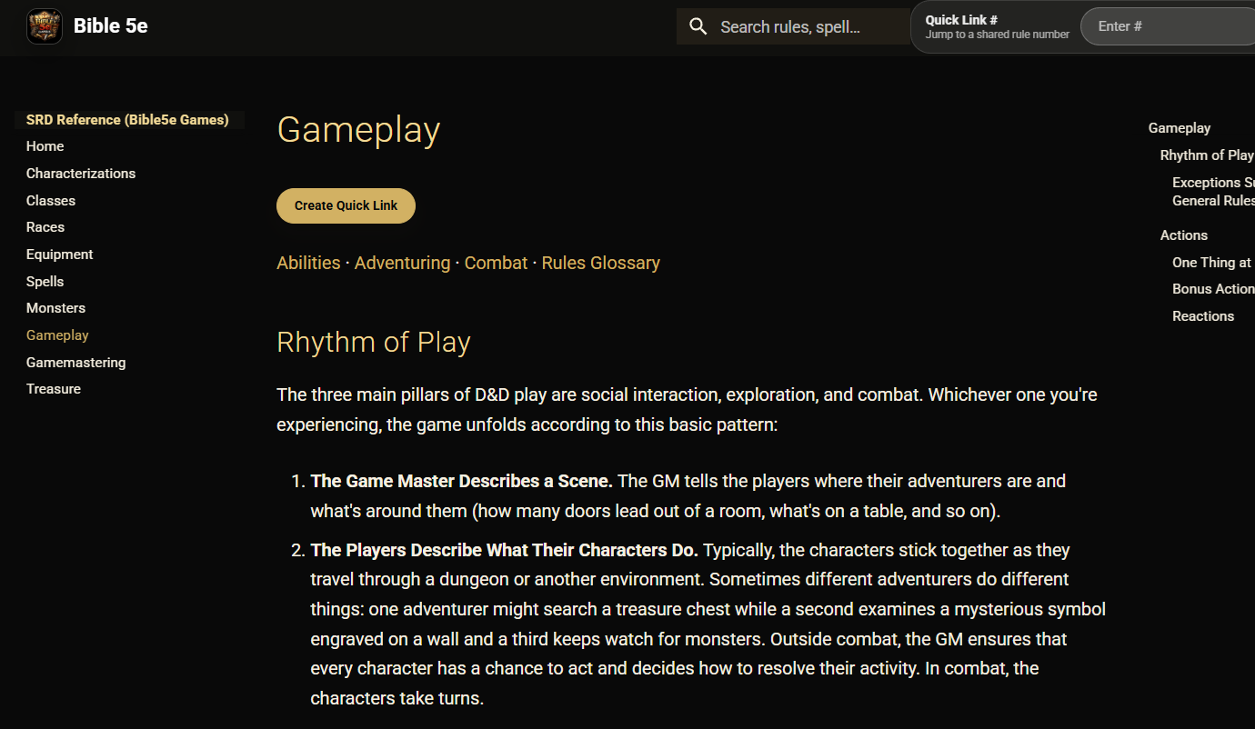 Bible 5e rules reference showing the Gameplay page, rules navigation, and search.
